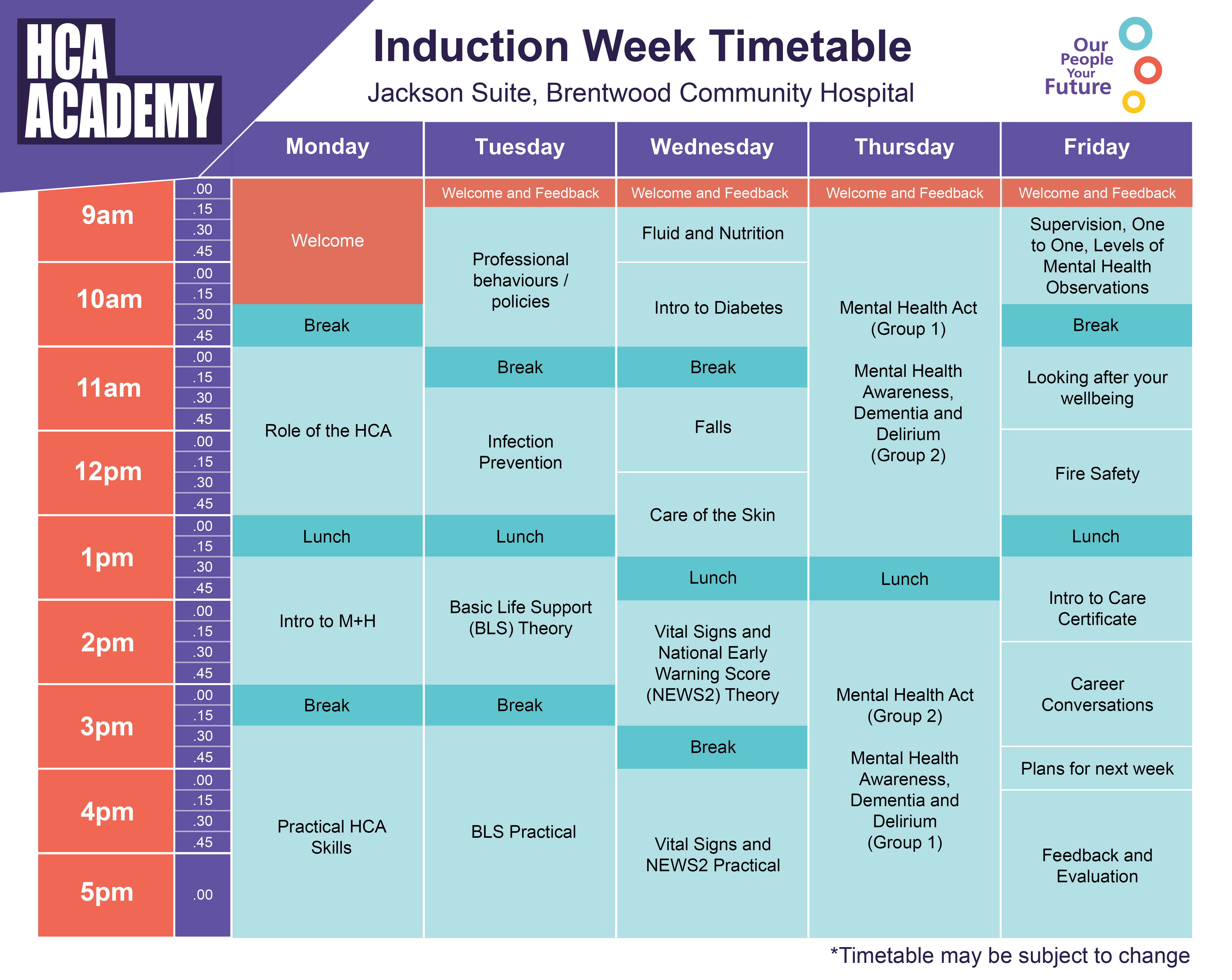 HCA Academy Timetable. The left side is divided into hour slots, running from 9am to 5pm. The lessons include Role of the HCA, Intro to M+H, Practical HCA Skills, Welcome and Feedback, Professional behaviours / policies, Infection Prevention, Basic Life Support (BLS) Theory, BLS Practical, Fluid and Nutrition, Intro to Diabetes, Falls, Care of the Skin, Vital Signs and National Early Warning Score (NEWS2) Theory, Vital Signs and NEWS2 Practical, Mental Health Act (Group 1), Mental Health Awareness, Dementia and Delirium (Group 2), Mental Health Act (Group 2), Mental Health Awareness, Dementia and Delirium (Group 1), Supervision, One to One, Levels of Mental Health Observations, Patient Experience, Fire Safety, Intro to Care Certificate, Career Conversations, Plans for next week, Feedback and Evaluation